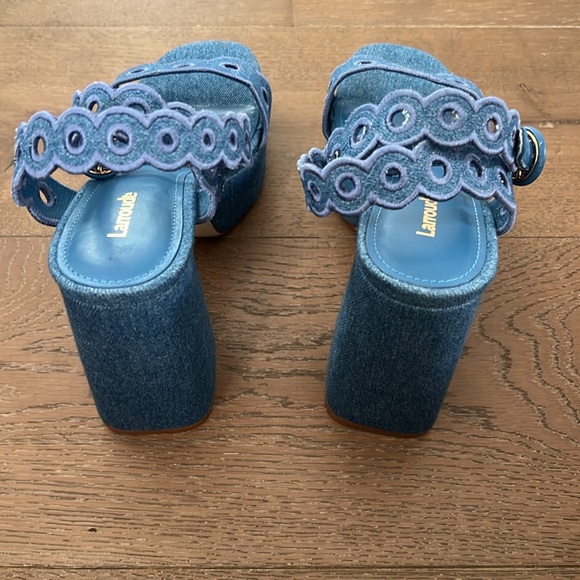 NEW Larroude Dolly Broderie Platform Sandal Blue Stoned Denim NWB - Picture 5 of 10